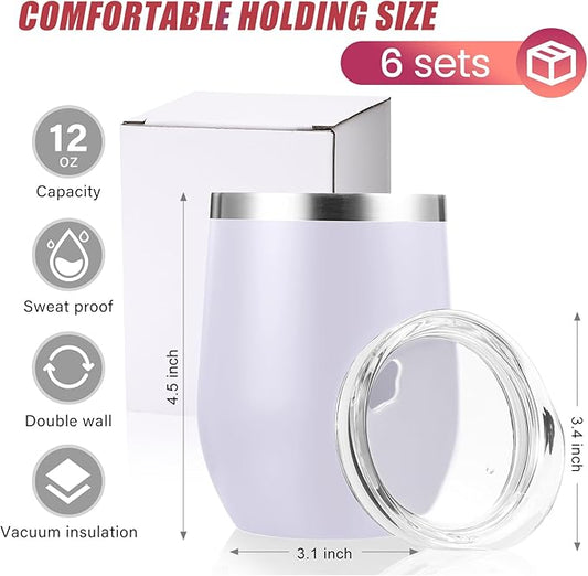 6 Pack Stainless Steel Wine Tumblers 12 oz Insulated Vacuum Wine Cup Set Double Wall Stainless Steel Stemless Mug Glasses for Coffee Soda Whiskey Outdoor Travel (White)