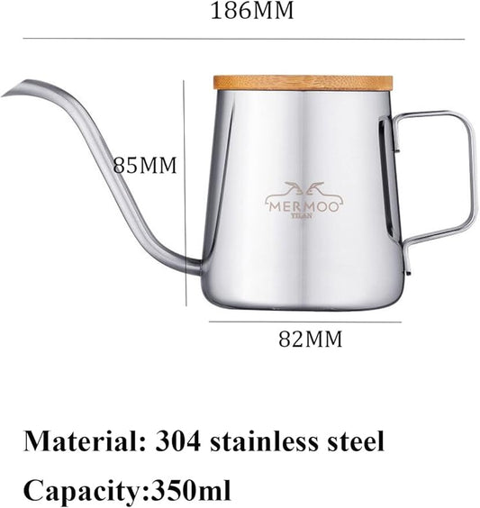 MERMOO YILAN Gooseneck Kettle with Lid Small Pour Over Coffee Kettle 350ml Stainless Steel Goose Neck Kettle Long Spout Tea Pot Travel Pour Over Coffee Maker Mini Camping Drip Coffee Pot