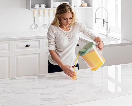 Tribello 1-Gallon Slim Plastic Pitcher with Lid – Clear Water Jug with Pivot-Top Spout, Iced Tea Pitcher for Fridge, Dishwasher/Freezer Safe, BPA & Phthalate Free – Sage Green