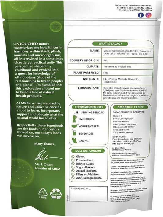 MRM Nutrition Organic Fermented Cacao Powder - Premium Superfood Powder from Peruvian Cacao Beans, Antioxidant Rich, Flavonoids, Unsweetened, Vegan, Gluten Free, non-GMO - 43 Servings