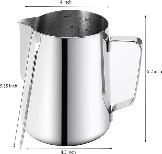 Nicunom Milk Frothing Pitcher 32oz, 304 Stainless Steel Steaming Pitchers 900ml Milk Frother Cup with Art Pen, Espresso Cappuccino Latte Art Barista Coffee Accessories