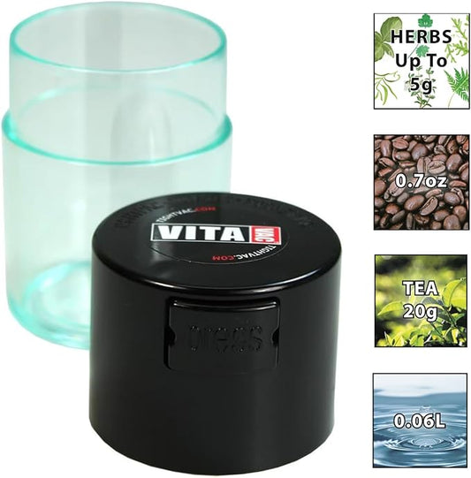 Vitavac - 5g to 20 grams Vacuum Sealed Container - Black Cap & Clear Body