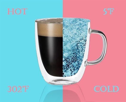 Double Wall Glass Coffee Mug - 19 Ounce (560 ml) Insulated Clear Latte Cup with Handle, Great for Espresso Cappuccino and Juice
