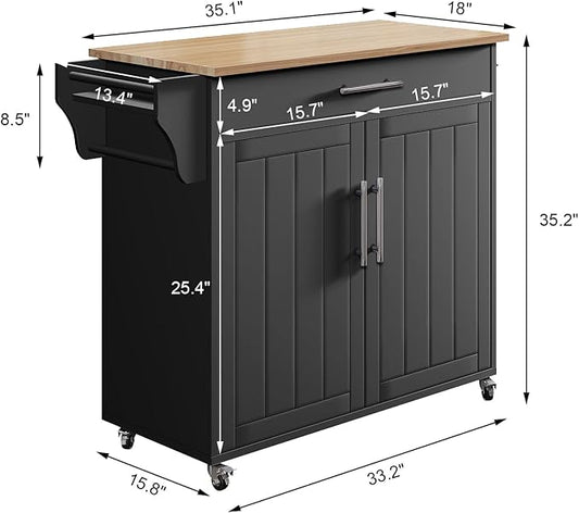 Wood Kitchen Island with Storage, Rolling Kitchen Island On Wheels, Mobile Kitchen Island Trolley Cart Sideboard Cabinet with Towel Rack, Spice Rack, Adjustable Shelf, Wooden Top & Large Drawer, Black