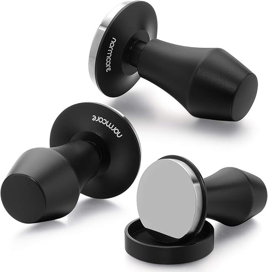 Normcore 58.5mm Coffee Tamper V4 - Spring-loaded Tamper with 15lb / 25lb / 30lbs Replacement Springs - Anodized Aluminum Handle and Stand - Stainless Steel Flat Base