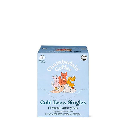 Chamberlain Coffee Flavored Variety Box – 10 Single Serve Bags w/Different Flavors for Cold Brew or Iced Drinks - Ideal for Summer Use, at Home, Camping, or Travel - Coffee Gift Set for Any Occasion