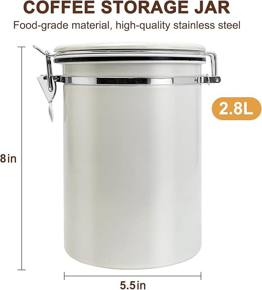 2.8L Airtight Vacuum Coffee Canister, Stainless Steel Storage Container for Coffee Beans and Grounds with Scoop.Suitable for coffee powder, coffee beans, rice, tea leaves, sugar, flour, and grains