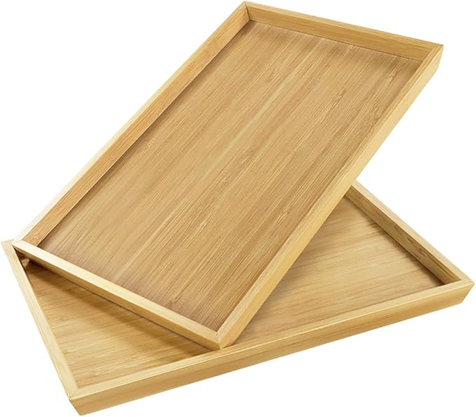 2pcs Rectangular Bamboo Serving Tray for Eating Drinks Storage Snacks TV Breakfast Coffee Parties Bathroom(13.8"x 10.2"x 0.8")