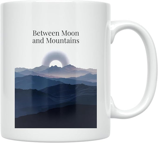Celestial Mountain Lover Coffee Mug - Between Moon and Mountains - 11 oz White Ceramic - Minimalist Design