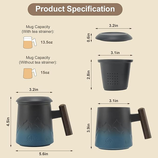 Tea Cup with Infuser, 13.5oz Ceramic Tea Infuser Mug with Wood Handle and Cup Lid, Tea Strainer Cup for Loose Leaf Steeping, Blue&Black