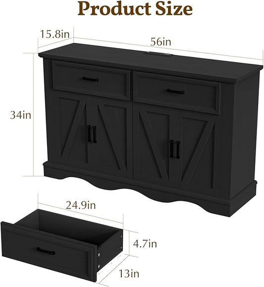 56" Large Wooden Buffet Cabinet with Storage, Modern Coffee Bar and Wine Bar, Wave Base Design, Multi-Purpose Buffet Table with Charging Station for Dining Room, Kitchen or Living Room, Black