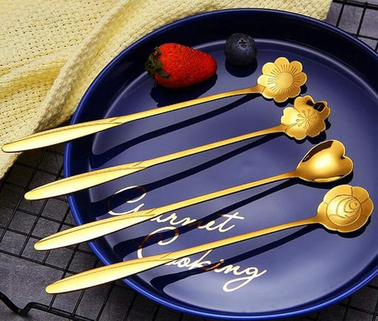 dealcase 4 Pcs Flower Spoon Coffee Teaspoon Set, Drink Stirring Spoon for Tea, Cake, Sugar, Dessert, Ice Cream, Cocktail Stirring, Coffee (Gold)