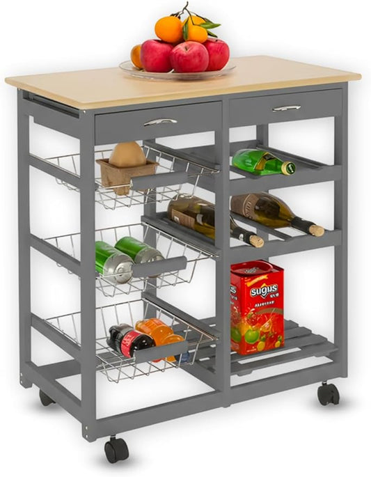Kitchen Island Cart with Drawers, Lockable Wheels - Rolling Serving Utility Trolley - Mobile Countertop Open Shelf Storage Cabinet Basket for Dining Room, Coffee Bar (Grey)