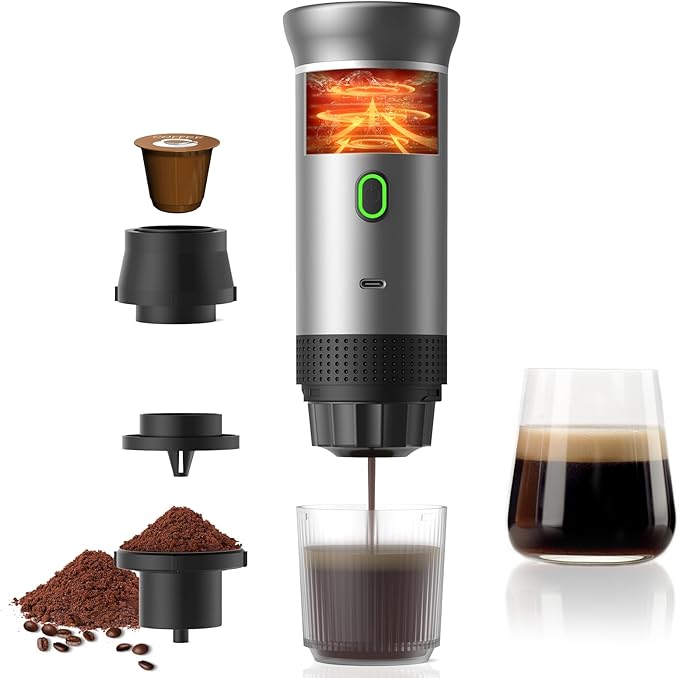 Portable Espresso Maker, Electric Espresso Machine for Travel, 7500mAh Battery Capacity USB-C Rechargeable, for Ground Coffee & NS Capsules