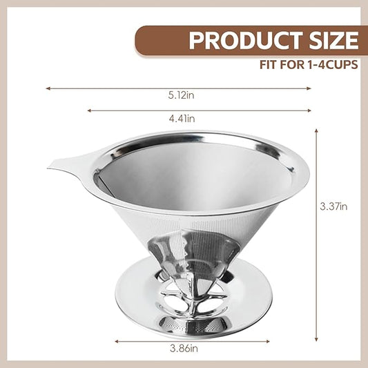 Pour Over Coffee Dripper Stainless Steel Coffee Filter Metal Cone Filter Extra Fine Wire Mesh Reusable Coffee Filter Coffee Maker (Silver, 1-4 Cups)