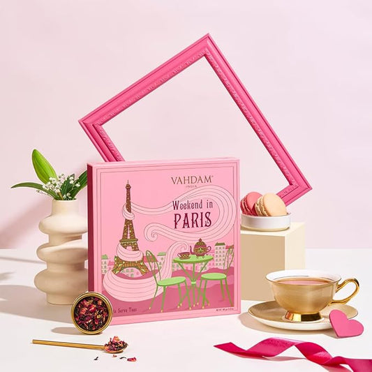 VAHDAM, Weekend in Paris Valentines Day Tea Gift Set - 9 Loose Teas | Tin Caddy Travel Edition Gift Box | Valentines Day Gifts for Him & Her | Gluten Free, Non GMO