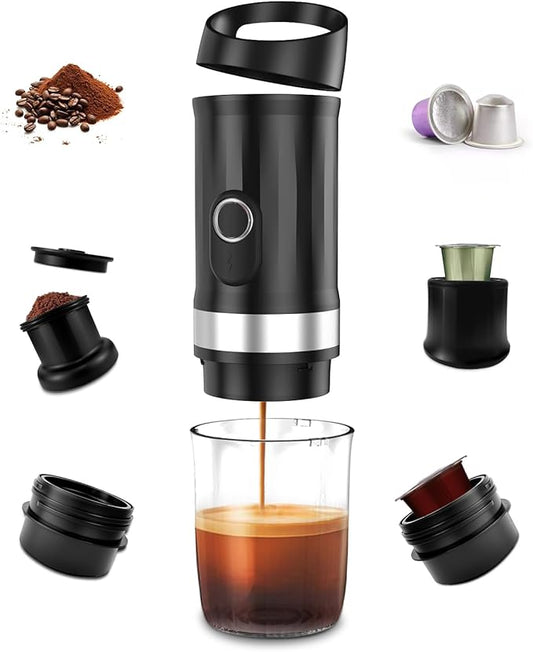 Portable Espresso Machine 3Minute Auto Heat12V Rechargeable Electri Coffee Maker 20 BaCompatible with NS DG Capsules and GroundCoffee for Camping, Travelling RVing HikingandOffice (Charcoal black)