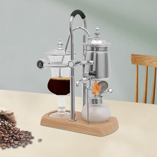 Balance Siphon Coffee Maker, 13.53OZ Manual Vintage Coffee Brewer, Belgian Family Balance Siphon Coffee Maker with Wooden Base for Home, Kitchen, Coffee Shops (Sliver)
