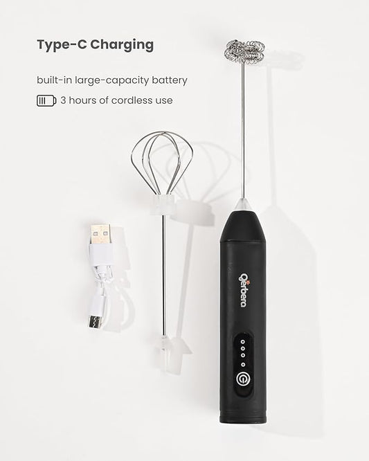 Gerbera Rechargeable Milk Frother Handheld,3 Speed Adjustable Electric Whisk Foam Maker, Handheld Drink Mixer, Frother Wand,Milk Foamer for Protein Powder, Drinks (Black)