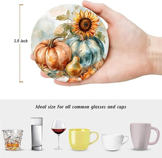 Drink Coasters for Drinks Set of 6, Vintage Autumn Watercolor Pumpkins Absorbent Round Ceramic Stone Mat, with Cork Base and Metal Holder, Home Bar Decor House Warming Gift