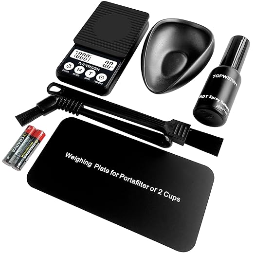 TOPWEIGH Waterproof Espresso Scale with Timer, 1000g x 0.1g, Portafilter Weighing Plate, Coffee Bean Dosing Cup, Spray Bottle, RDT Tool Set, Barista Cleaning Brushes & Batteries Included