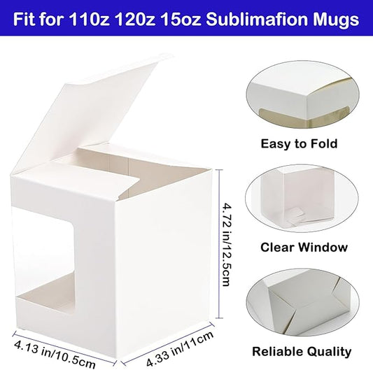 Yuixoseu 36 Pack Mug Boxes for Gifts, Small Gift Boxes with Clear Window, Transparent Cups Wrapping Box for Sublimation Mugs Coffee Cups DIY Crafts Candle 11oz, 12oz, 15oz Gift Wrapping (White)