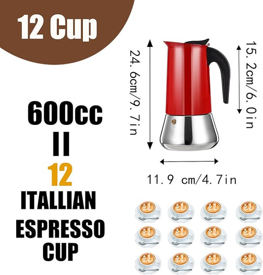 DITOSH 12 Cup Stovetop Espresso Maker Stainless Steel Moka Pot Stove Top Percolator Italian Coffee Makers Capable Mocha Greca Machine Cafe Classic Induction Cookers for Home and Camping 600ml 20oz