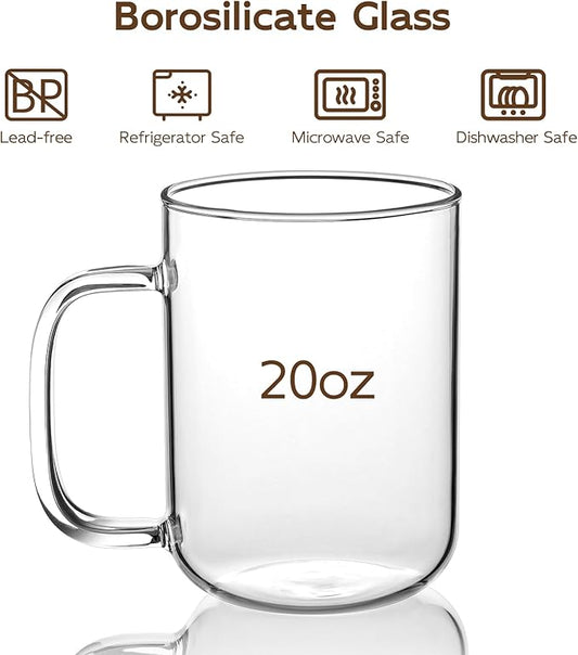 Glass Coffee Mugs, 20 oz Ice Coffee Cups Set of 6, Large Clear Tea Cups, Glass Mugs with Handles for Hot Beverages, Glass Cups for Latte, Cappuccino, and Tea