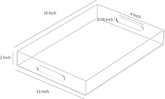 Clear Sturdy Acrylic Serving Tray with Handles 10x15x2H Inches -Spill Proof- Decorative Trays Countertop Organizer for Ottoman Coffee Table Nightstand, sidetable, Breakfast, Tea, Food