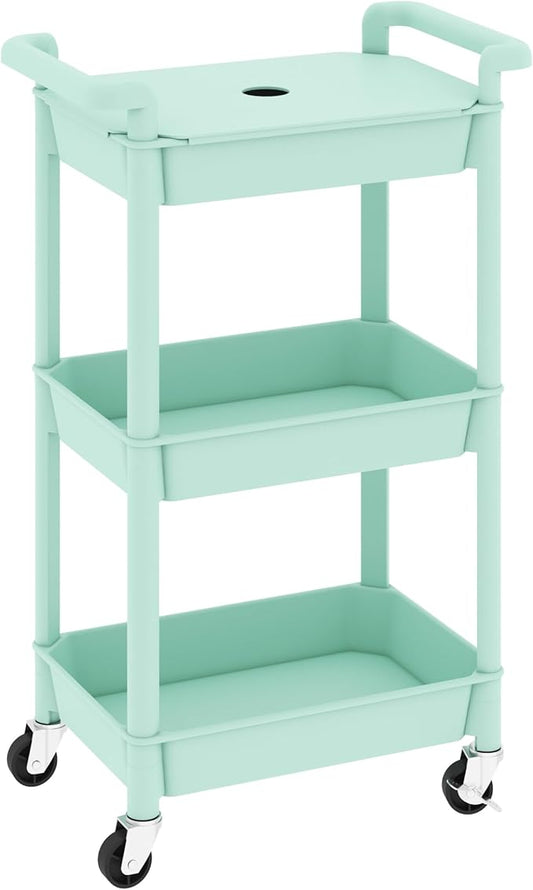 MIOCASA Utility Rolling Cart with Cover Top Board, 3-Tier Kitchen Storage Organization, Art Cart with Wheels for Office, Classroom, Livingroom, Kitchen, Bathroom (Green, 3-Tier-Plastic)