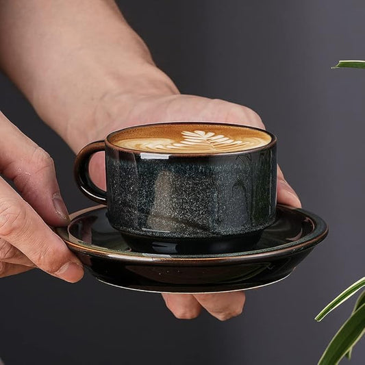 JIEMEI HOME Porcelain Stackable Espresso Cups with Saucers and Metal Stand, 4 Ounce Demitasse Cups for Specialty Coffee Drinks, Latte, Tea Set of 4, Stackable Espresso Mugs, Green & Blue