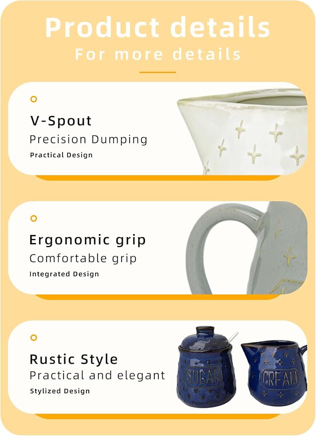 GDCZ Ceramic Sugar and Creamer Set, Coffee Serving Set, Sugar Bowl with Spoon and Cream Pitcher, Milk Creamer and Sugar Container (Blue)