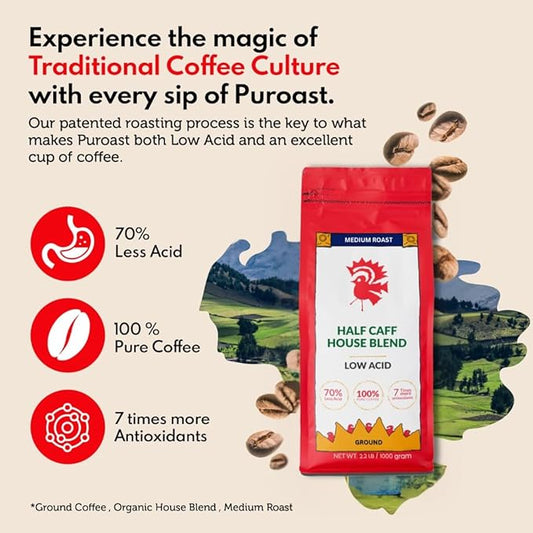 Puroast Low Acid Coffee Half Caff | Half Caff House Blend Ground | Medium Roast | High Antioxidants & High pH |No Bitter Aftertaste | Reduced Heartburn & GERD | Suitable for Cold Brew - 2.2 LB