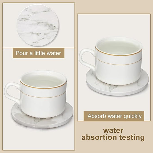 White Marble Coasters Set of 6 - Round Ceramic Absorbent Coasters with Holder for Lounge, Bar, Coffee, Cup, Table, Desk