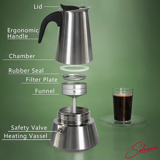 Solazzia 12-Cup Moka Pot | Matte Stainless Steel Stovetop Espresso Maker | 20 fl oz | All Stovetops