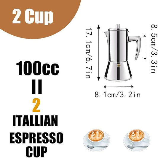 2 Cup Thickened 304 Stainless Steel Moka Pot Stovetop Espresso Maker Cafeteras Italian Percolator Espress Makers Capable Greca Mocha Coffee Machine for Induction Home and Camping 100ml 3.4oz
