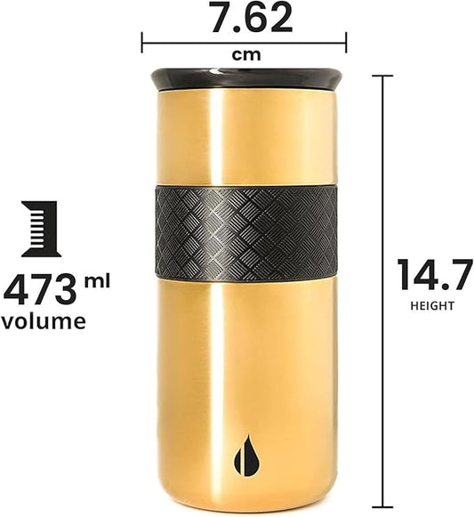 Elemental Artisan Insulated Tumbler, Triple Wall Coffee Travel Mug, Reusable Stainless Steel Coffee Tumbler with Ceramic Lid, Thermal Coffee Cups for Hot (6 Hrs) & Cold (18 Hrs), 16oz - Gold