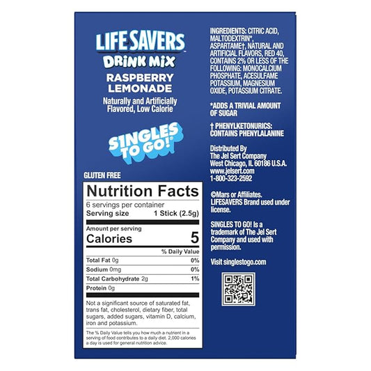 Life Savers Raspberry Lemonade Drink Mix - Pack of 6-6 Sticks Per Box - 36 Total Servings - 2 Flavors in 1 - Powdered Drink Mix