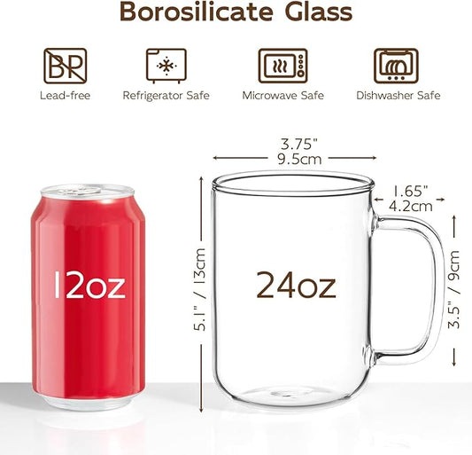 Glass Coffee Mugs, 24 oz Ice coffee cups, Large Clear Tea Cups Set of 2, Glass Mugs with Handles, Glass Cups for Latte, Cappuccino, and Tea