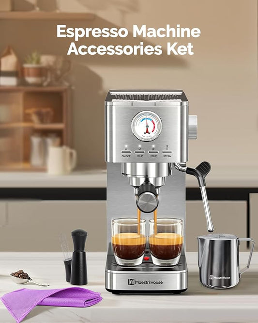 Maestri House 4-Piece Barista Espresso Accessories Kit – WDT Distribution Tool, 12oz Milk Frothing Pitcher with Latte Art Pen, Steam Wand Cleaning Towels, Home Coffee Barista Tool Set