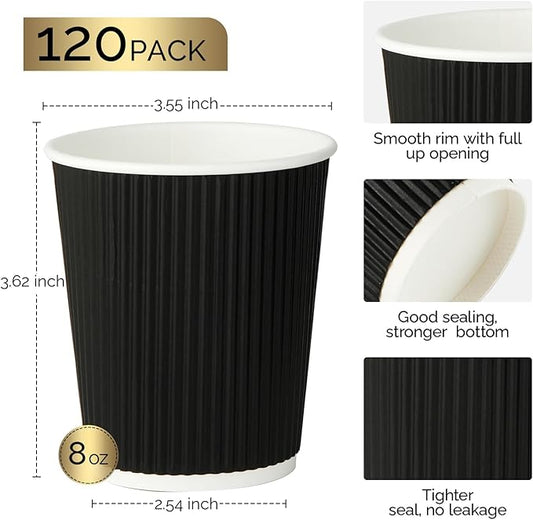 JollyPack 120 Pack 8 oz Paper Coffee Cups, Disposable Coffee Cups, Black Hot Beverage Cups with Ripple Wall Design, Hot Beverage Cups Suitable for Birthday,Party and any occasions