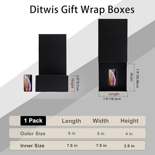 8x8x4 Inches Gift Box with Magnetic Closure Lid, Black Magnetic Box for Wedding, Groomsmen Bridesmaid Proposal, Birthdays, Mother's Day, 1 Pack