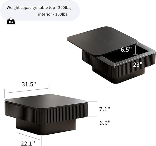 SZTHHDF Square Coffee Table for Living Room,Fluted Drum Accent Tea Center Table with Storage,Solid Wood Modern Coffee Tables for Small Space Office Apartment (31.5" L×31.5''W×14''H-Black)