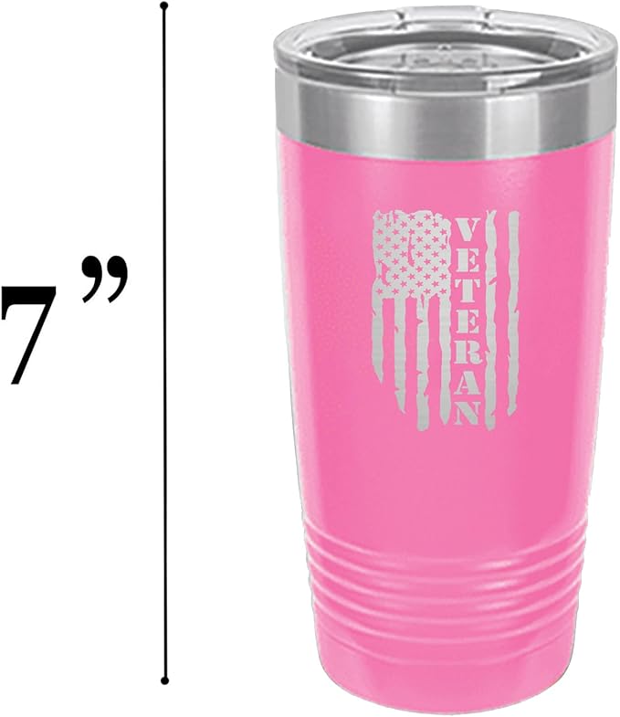 Rogue River Tactical USA Flag Veteran 20 Oz. Travel Tumbler Mug Cup w/Lid Vacuum Insulated Hot or Cold Military Vet Gift (Pink)