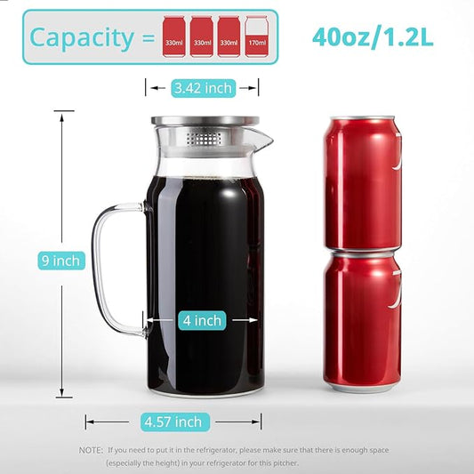 Bivvclaz 2 Pack 1.2 Liter 40 oz Small Glass Pitcher with Lid and Handle, Glass Carafe Water Pitcher for Hot/Cold Water, Iced Tea, Drinks, Coffee, Juice and Homemade Beverage