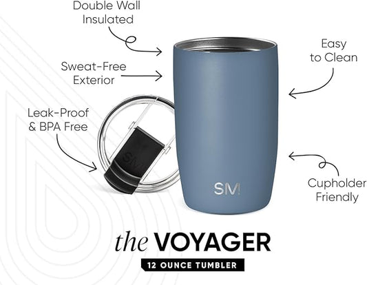 Simple Modern Travel Coffee Mug Tumbler with Flip Lid | Reusable Insulated Stainless Steel Cold Brew Iced Coffee Cup Thermos | Gifts for Women Men Him Her | Voyager Collection | 12oz | Blue Dune