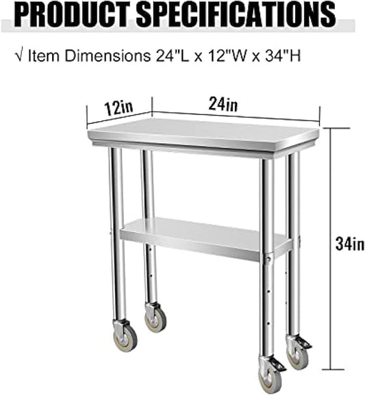 Stainless Steel Table - Metal Table Cart - Commercial Workbench with Caster Wheel - NSF Certified - for Restaurant, Warehouse, Home, Kitchen, Garage,24''x12''
