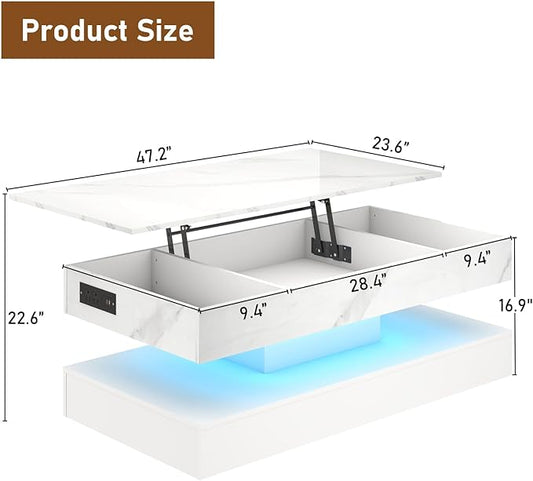 47.2" Large Lift Top Coffee Table, Modern LED High Glossy Coffee Table with Charging Station, Lights, Hidden Compartment Storage, Lift Center Tables for Living Room, Home Office, White