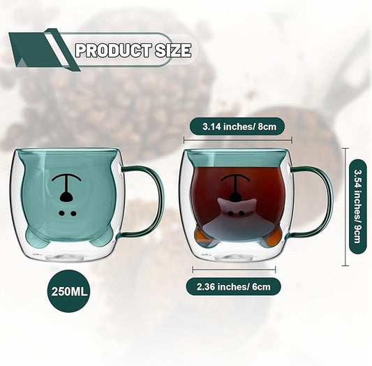 Patelai Cute Bear Tea Cup Double Wall Glass Milk Coffee Bear Mug with Handle Insulated Espresso Christmas Beer Cup Cute Birthday Gift for Women Men Valentine, 250 Ml/ 8. 4 oz(Green,1 Piece)