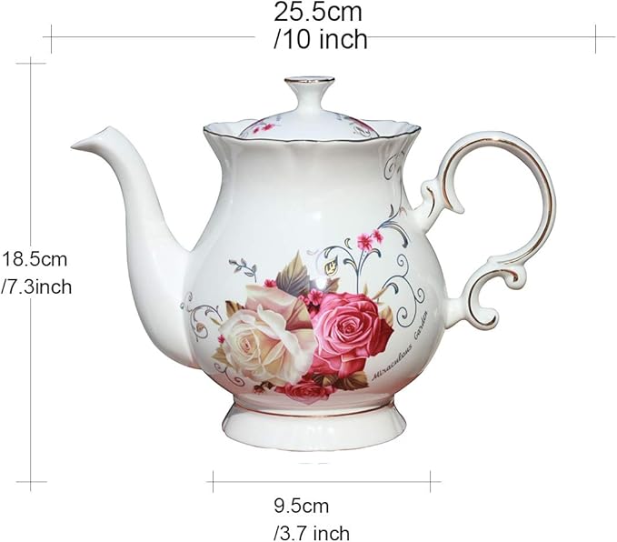 Jomop European Style Ceramic Flower Teapot Coffee Pot Water Pot Porcelain Gift Large 5.5 Cups (1, Rose)